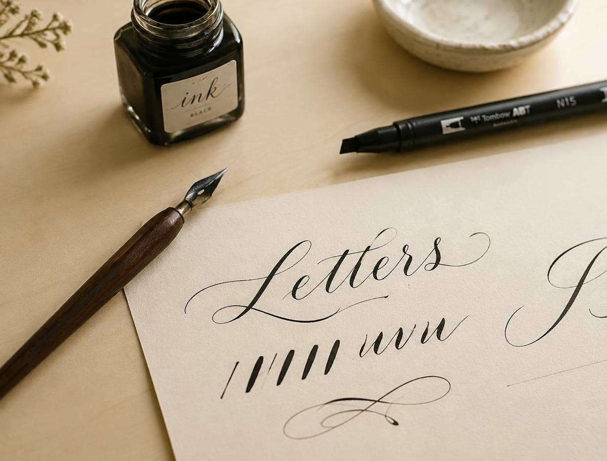 Calligraphy pen, ink and brush marker beside lettering practice on paper