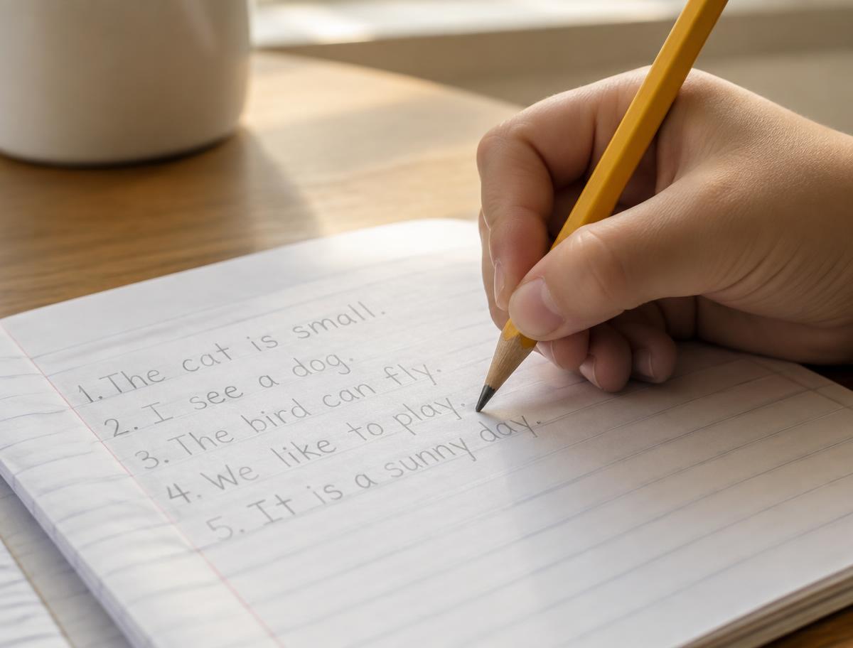 A child's hand writing neat sentences with a pencil in a ruled notebook