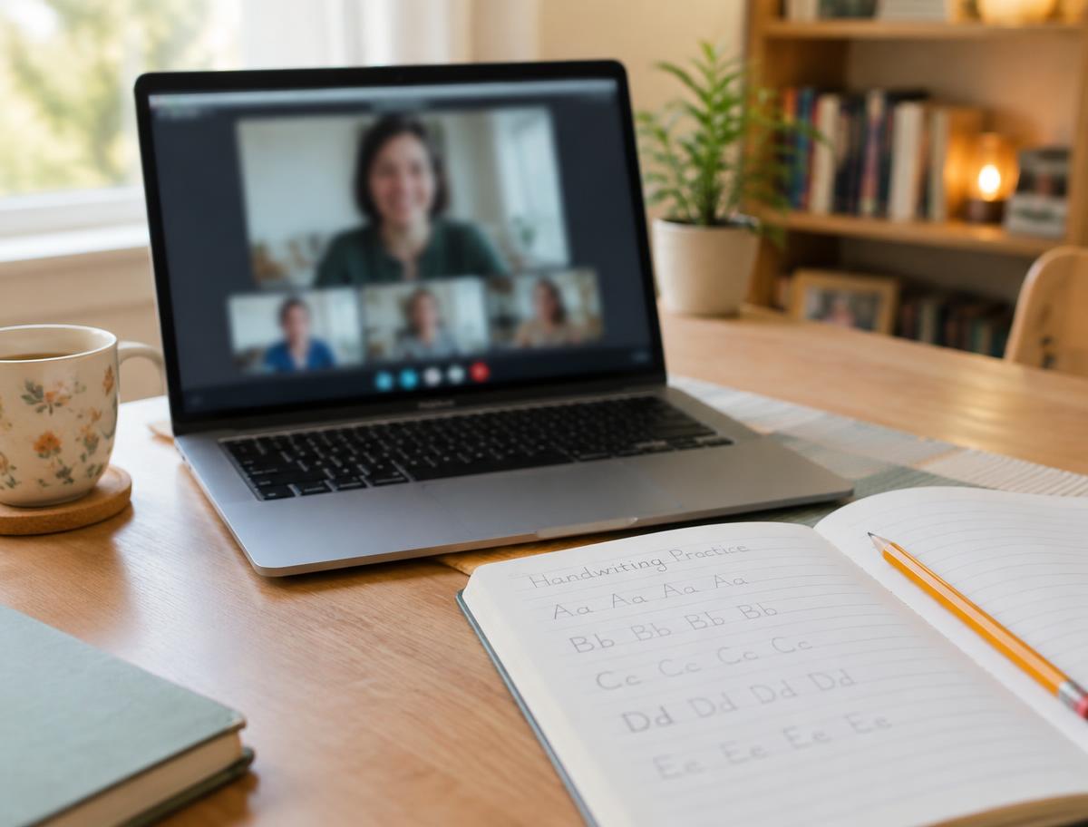 A laptop video call beside a notebook of handwriting practice