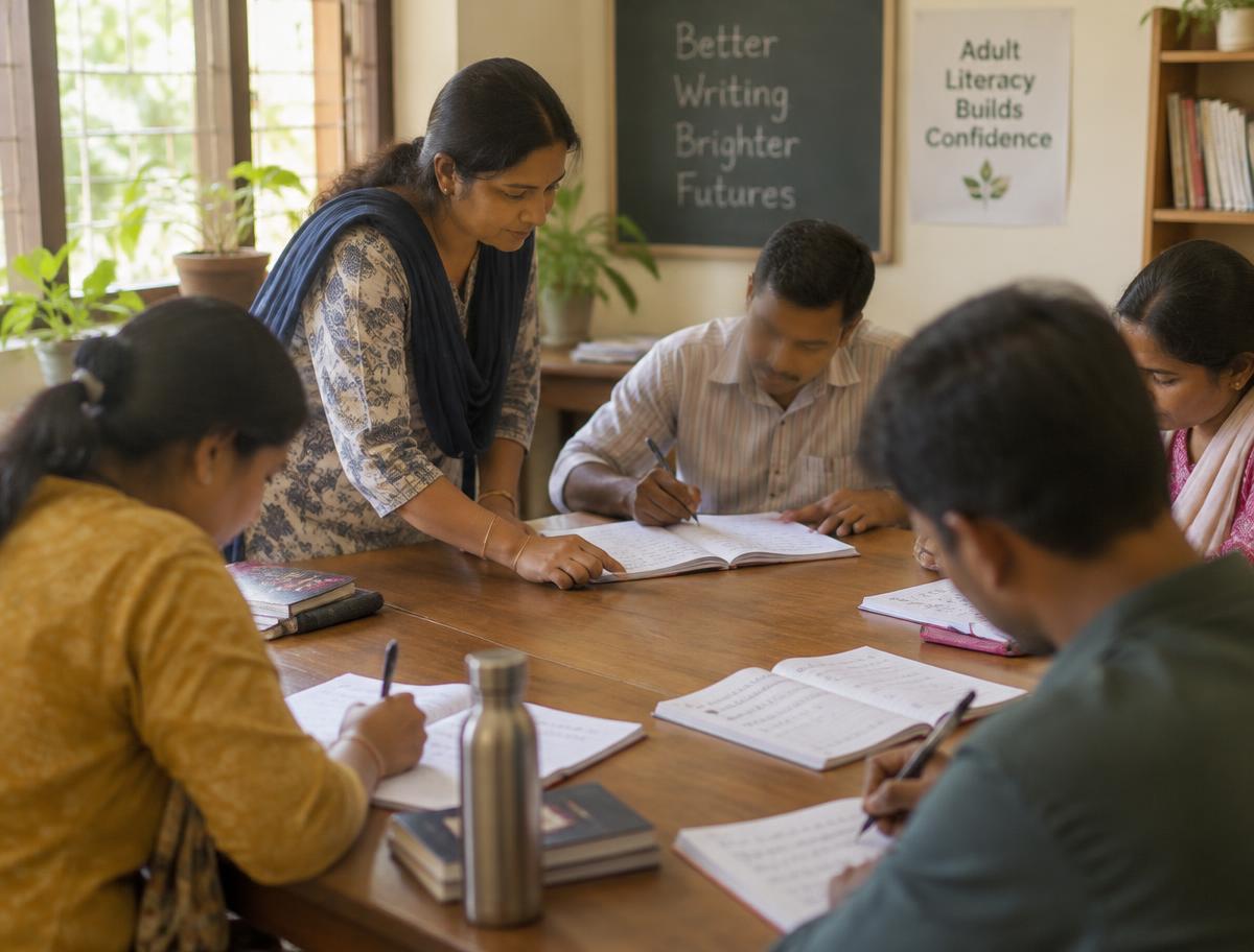 An educator guiding a small group of adults through writing practice